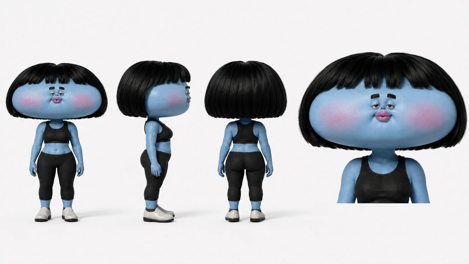 青い肌と黒いボブヘアが特徴の、こった姫のキャラクター設定画